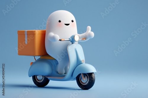 Delivery on Wheels: A cute character gives a thumbs-up while riding a scooter with a delivery box.