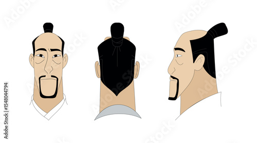 Cartoon character with man head vector set, Front, side and back view, Flat vector