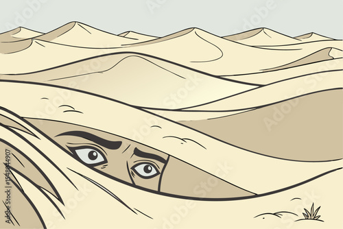 Mysterious desert eyes emerging from sand dunes