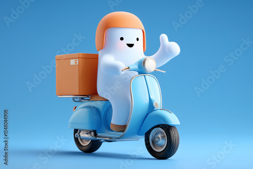 Delivery character on scooter with package. Delivery service mascot in action. Thumbs up!