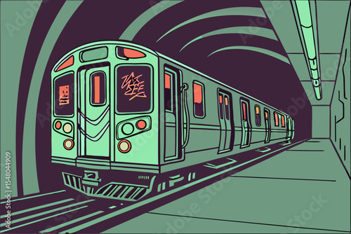 Subway train with graffiti urban vector graphic