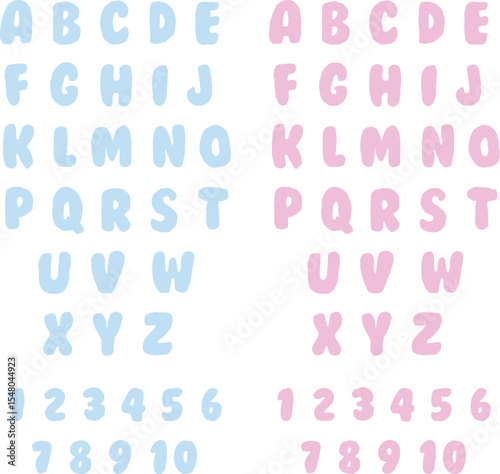 Bright pink and blue cute cartoon alphabet letters and numbers icon set, back to school background, multicolor kids education design, gender party