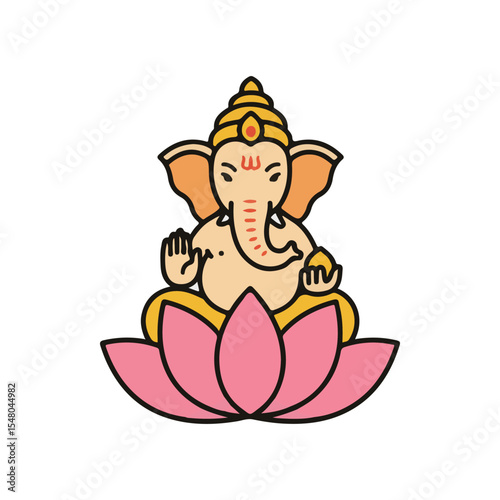 Ganesha Chaturthi flat vector icon, Ganesha Sitting on Lotus Flower icon, suitable for infographic design and applications