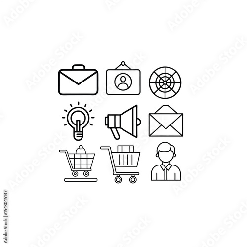 Outline icons depicting business marketing and shopping in black and white