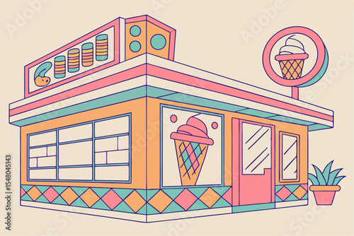Memphis style ice cream parlor vector illustration