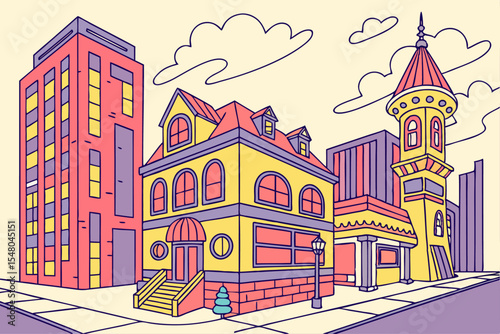 Playful memphis style cityscape vector illustration