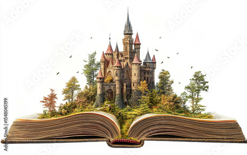 A fairy tale castle emerging from the pages of a magical book. Generative AI.