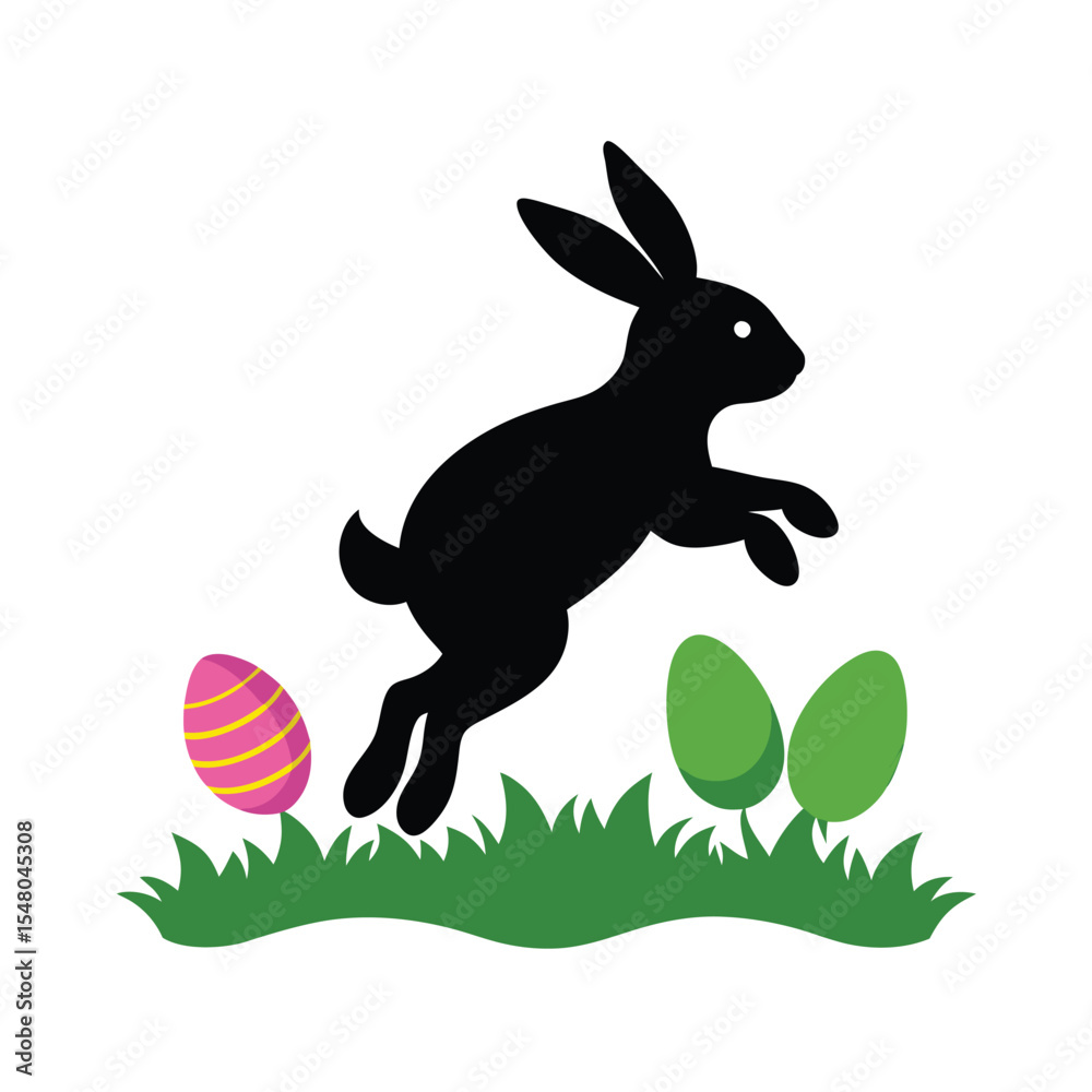 Obraz premium Bunny Silhouette Leaping Over Easter Eggs Scene