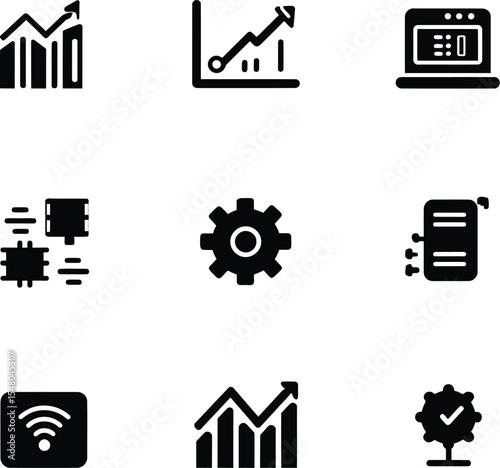 Black Icons Set Business Growth Technology Wifi Data Server