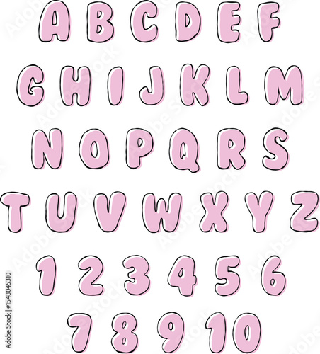 Bright pink funky cartoon alphabet letters and numbers icon set, back to school background, multicolor kids education design, black contour line