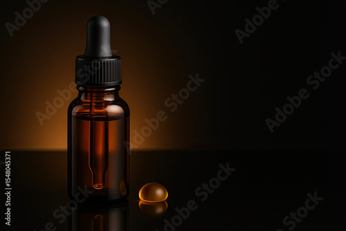 Amber glass bottle with serum drop and halo glow on glossy black