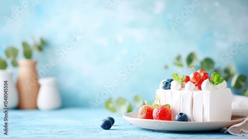 A delectable pavlova dessert is elegantly presented on a plate garnished with fresh strawberries blueberries and red currants accompanied by sprigs of mint against a soft blue