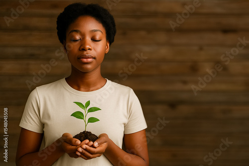 Young Black woman practicing deep breathing with plant and blurred crowd with wristbands on wooden background