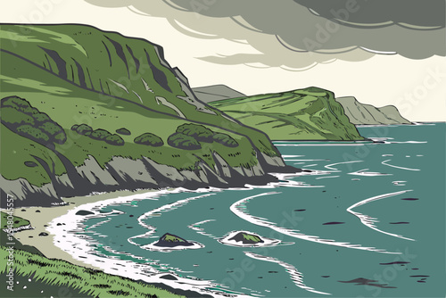 0--vector-of-a-nordic-style-coastal-scene-with-wav