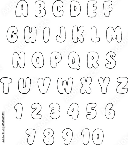 Bright outline funky cartoon alphabet letters and numbers icon set, back to school background, kids education design, black contour line