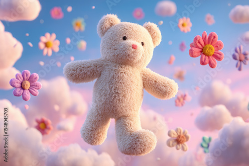 Toy bear floating amid clouds and colorful flowers, capturing a dreamy, whimsical scene with soft pastel hues.