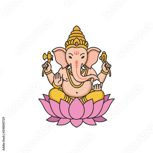 Ganesha Chaturthi flat vector icon, Ganesha Sitting on Lotus Flower icon, suitable for infographic design and applications