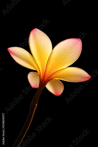 Radiant frangipani flower against a black background