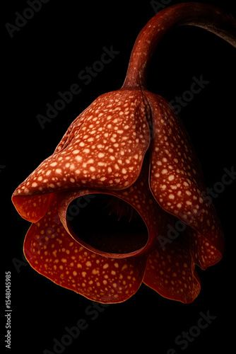 Macro rafflesia dangling with reddish-brown hues on a dark backdrop
