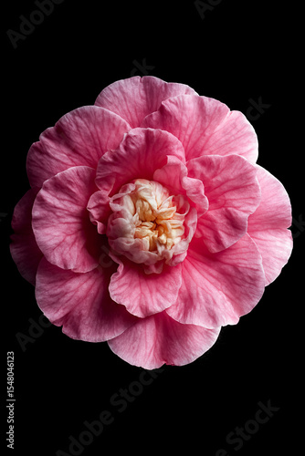 Bright camellia flower intensely pressed on a black background