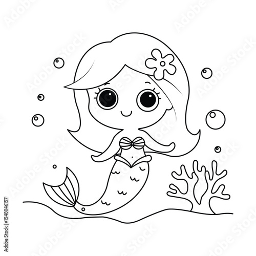 Mermaid cute coloring page hand drawn for kids 