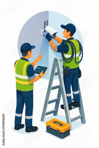 Skilled technicians installing a security camera system on a building wall using a ladder and digital tablet for efficient monitoring and surveillance.