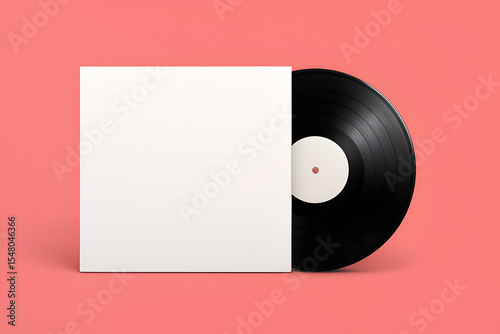 Vinyl Record Partially Inserted in Blank White Album Cover on Pink Background for Retro Music Collection, DJ Promotion or Custom Design Mockup
