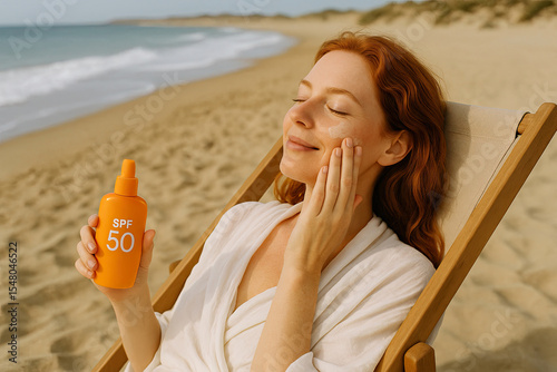Copper-haired woman gently using sunscreen near sea with soft sunlight and calm expression