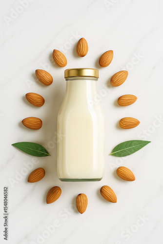 Glass Bottle of Almond Milk Surrounded by Whole Almonds and Leaves on Marble Surface