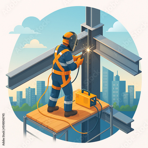 A Welder expertly joins steel beams high above a cityscape during construction creating a strong modern structure