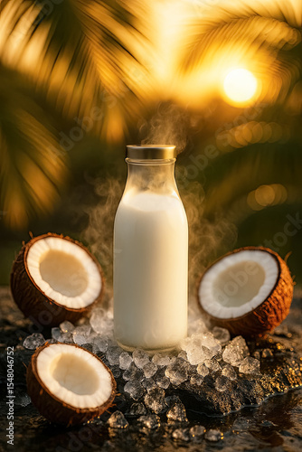 Tropical Scene with Cold Coconut Milk and Palm Glow at Sunset