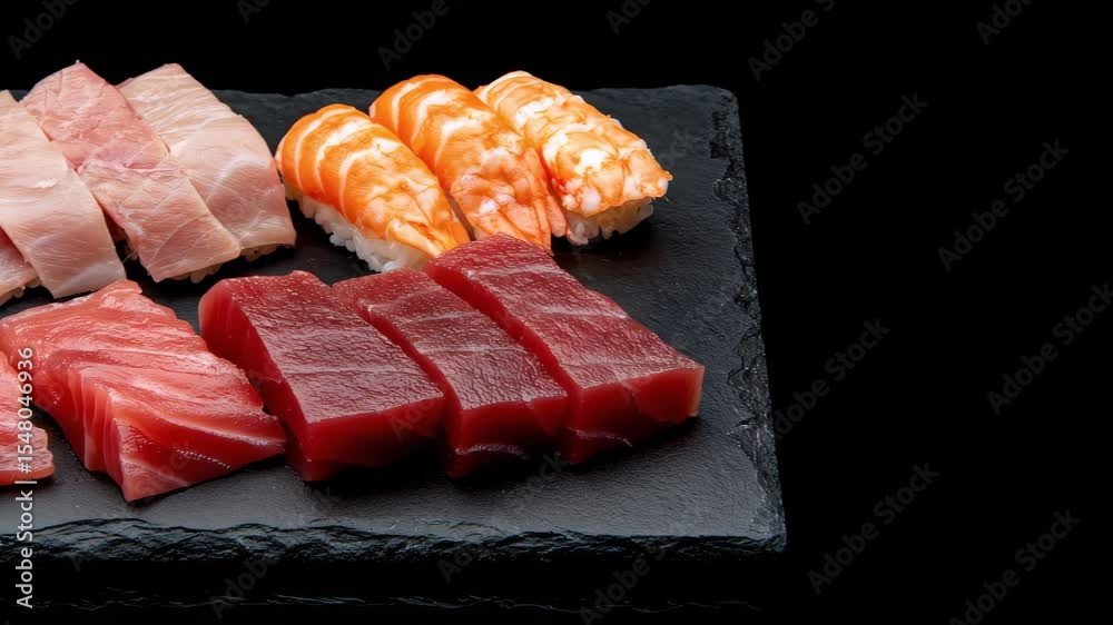 Assorted sushi with various toppings on a black stone surface