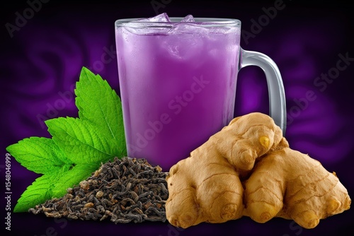 Refreshing ginger tea served in a clear glass mug alongside fresh ginger roots mint leaves and a background of rich purple tones enhancing the vibrant colors of this invigorating beverage
