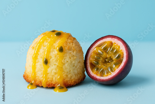 Coconut macaroon with passionfruit on sero-blue background