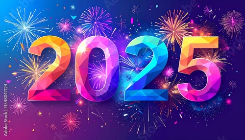 Anniversary Concept Design. Modern Geometric Style. Fireworks And Celebration Colorfu