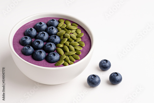 Blueberry smoothie bowl with seeds on white background