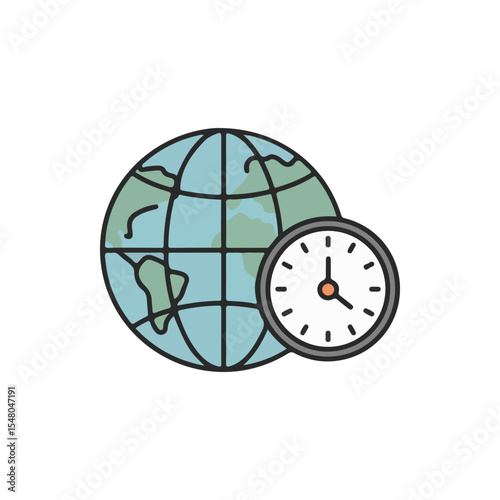 flat vector icon, Time Zone Globe Clock, suitable for infographic design and applications
