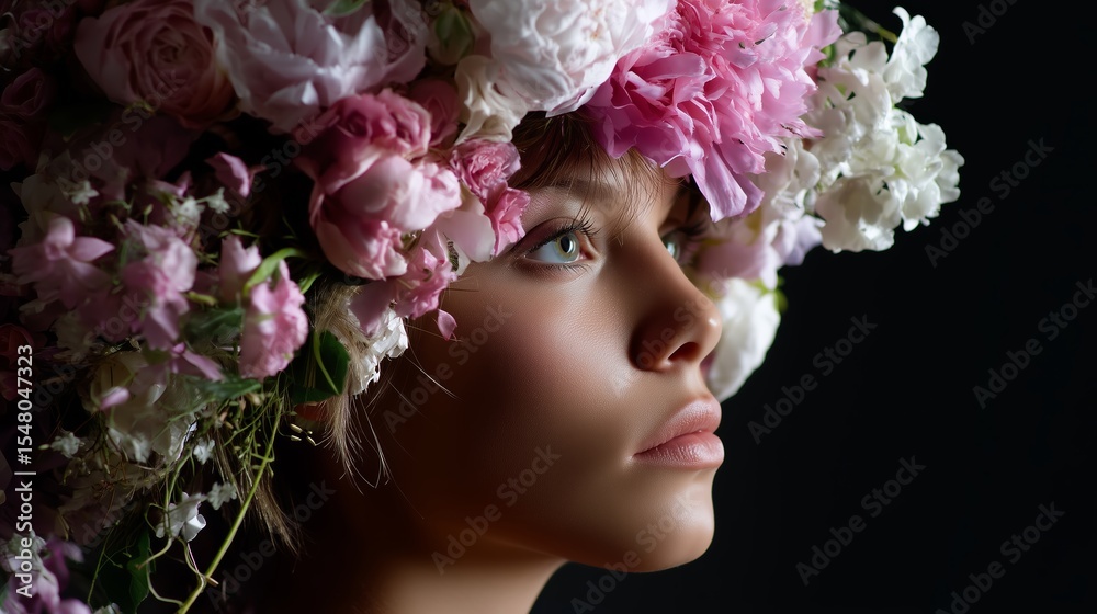 Fototapeta premium Portrait of a young woman with a floral crown showcasing pink and white blooms against a dark background