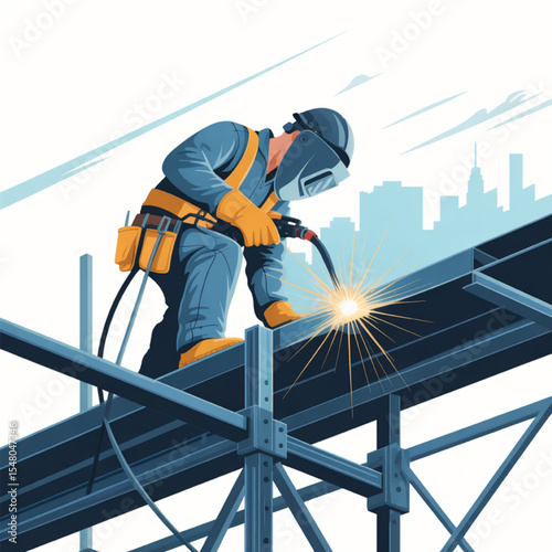 A Welder expertly joins steel beams high above a cityscape during construction creating a strong modern structure