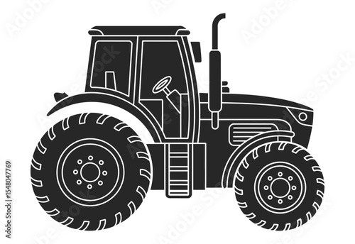 Black and white silhouette of a modern farm tractor