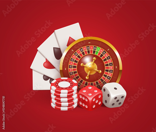 Roulette wheel, playing cards, chips and dice. Vector 3d illustration isolated on red background.