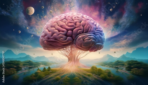 scientific surrealism dream visuals an ethereal landscape featuring a floating brain surrounded by nature scientific surrealism blending biology and cosmos neuroscience surreal visuals