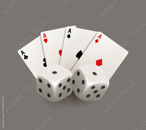 Playing cards and dice. Casino illustration. Vector 3d illustration