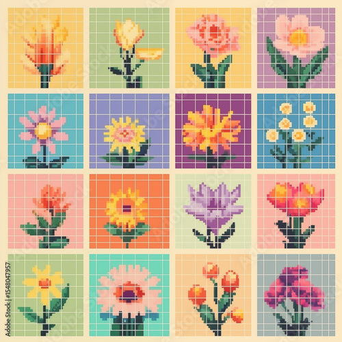 Colorful pixel flower garden in grid layout, retro style, with blooming 8-bit plants and soft tones.