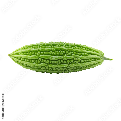 Single green bitter melon with bumpy texture and water droplets, isolated on transparent background