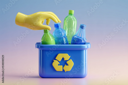 Recycling plastic bottles: A hand wearing yellow places bottles into a blue bin with a yellow recycle symbol.