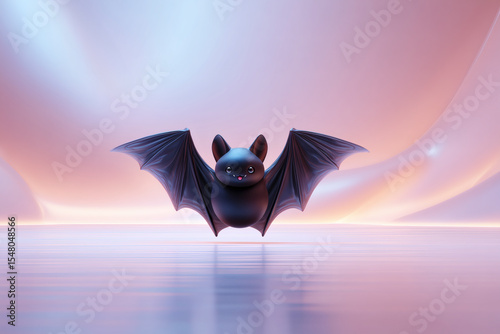 A whimsical, cartoonish bat figure hovers against a pastel gradient backdrop, creating a charming Halloween mood.