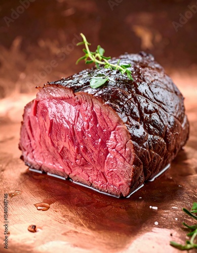 Juicy tender beef tenderloin steak cooked to medium rare with crispy seared crust garnished with fresh herbs in close-up