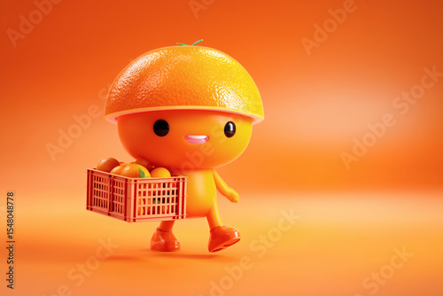 Adorable citrus character carries a crate of oranges in a playful and vibrant scene.