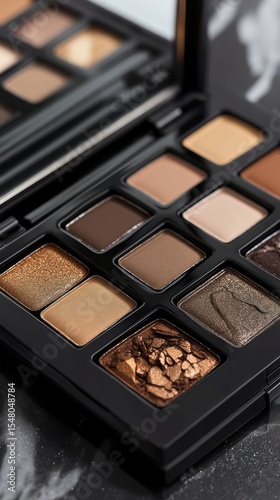 A neutral eyeshadow palette in a black compact case is shown